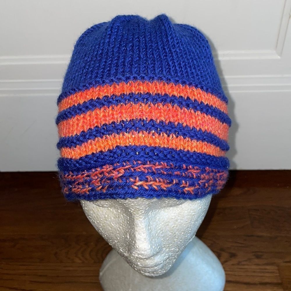 Blue‎ & orange knit yarn beanie cap